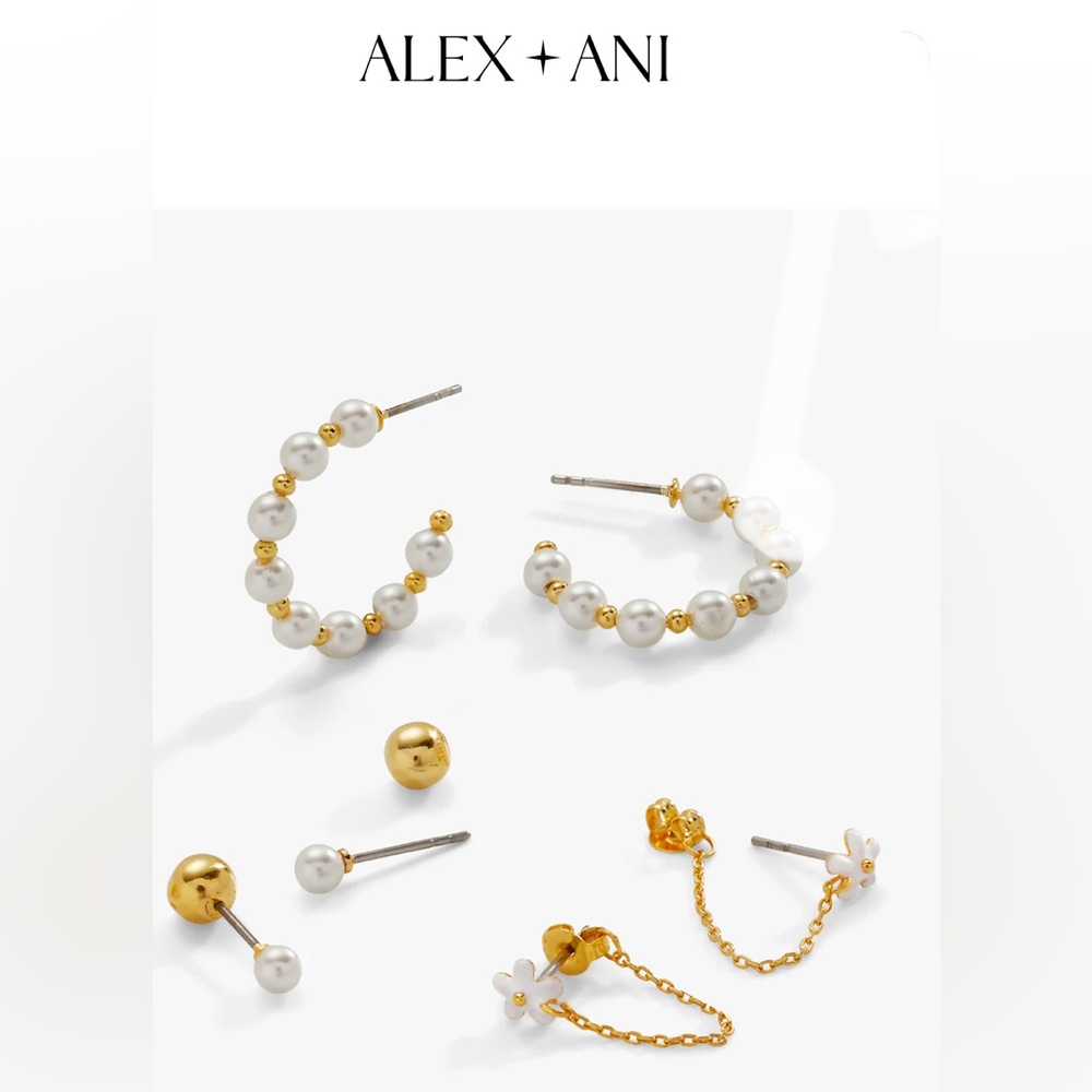 Alex and Ani Pearl Hoop + Daisy Stud Earrings, 
Set of 3